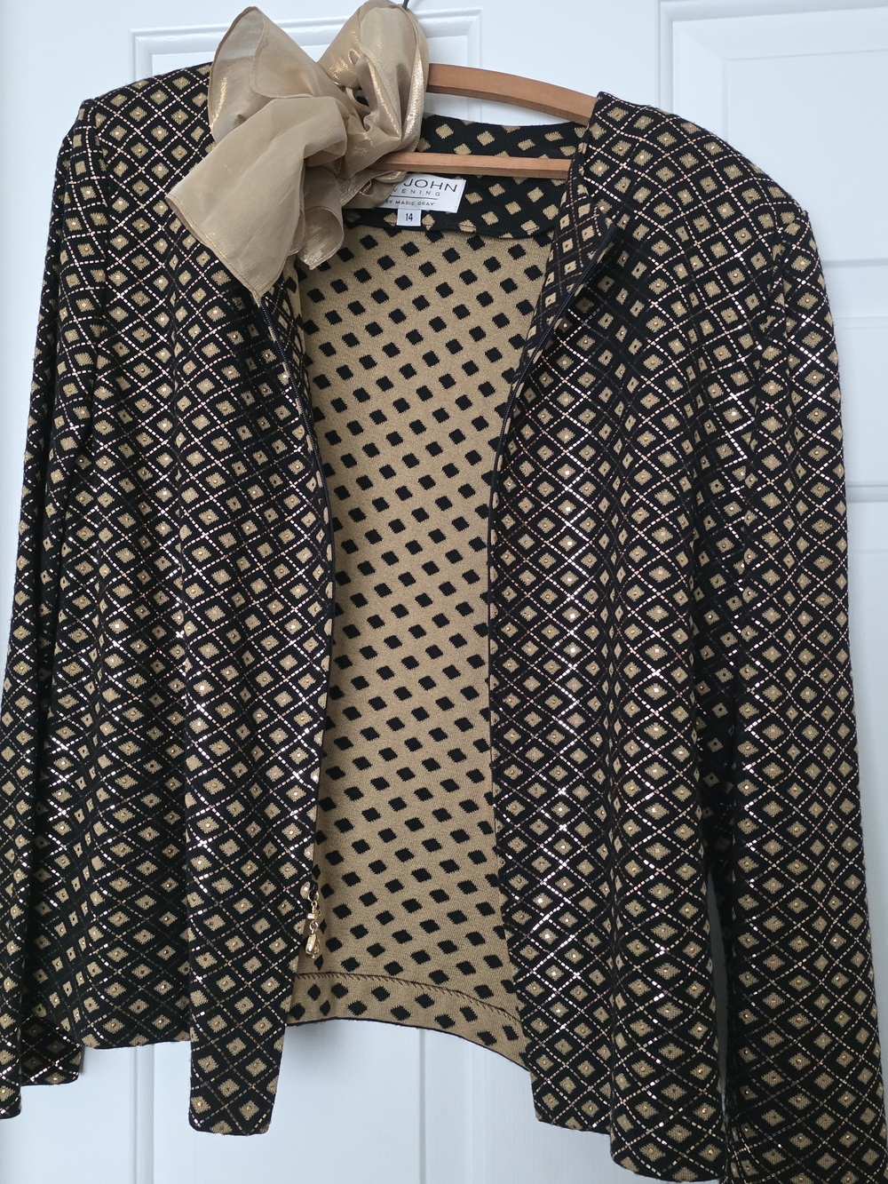 St. John Black and Gold Metallic Diamond Knit Jacket